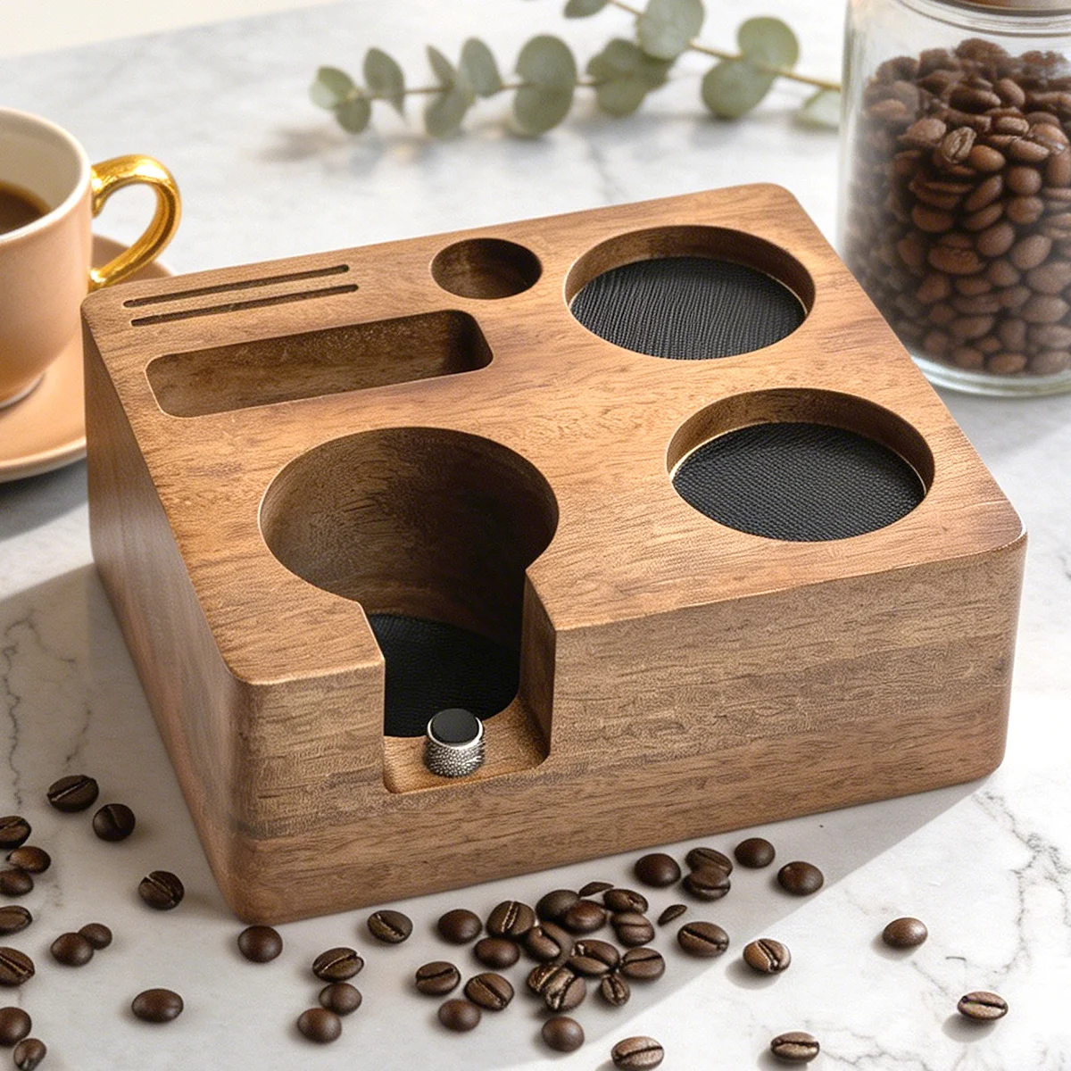 Espresso Tamping Station 51/54/58mm, Acacia Wood Espresso Machine Accessories, Distributor Slot and Multi Accessory Storage