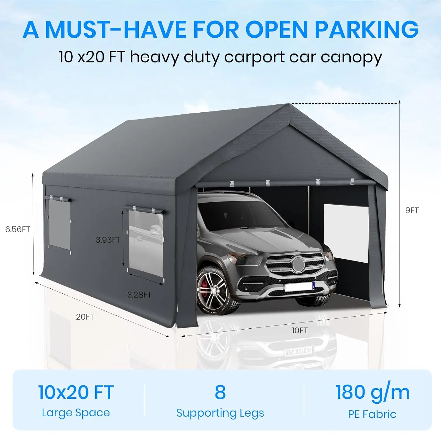 Portable Garage Tent with Roll-Up Windows & Doors, Car Port with All-Season Tarp for Cars, Boats, Trucks, Grey