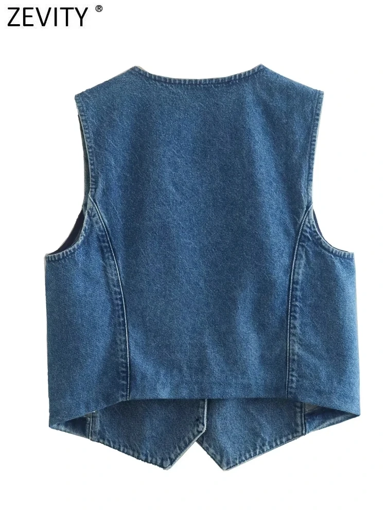 Zevity 2022 Women Fashion V Neck Sleeveless Single Breasted Denim Vest Jacket  Ladies Retro Casual Slim WaistCoat Tops CT2887