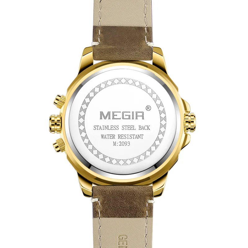 MEGIR-relógios masculinos de negócios com duplo fuso horário, pulseira de couro genuíno, cronógrafo impermeável, relógio de pulso casual masculino, 2093