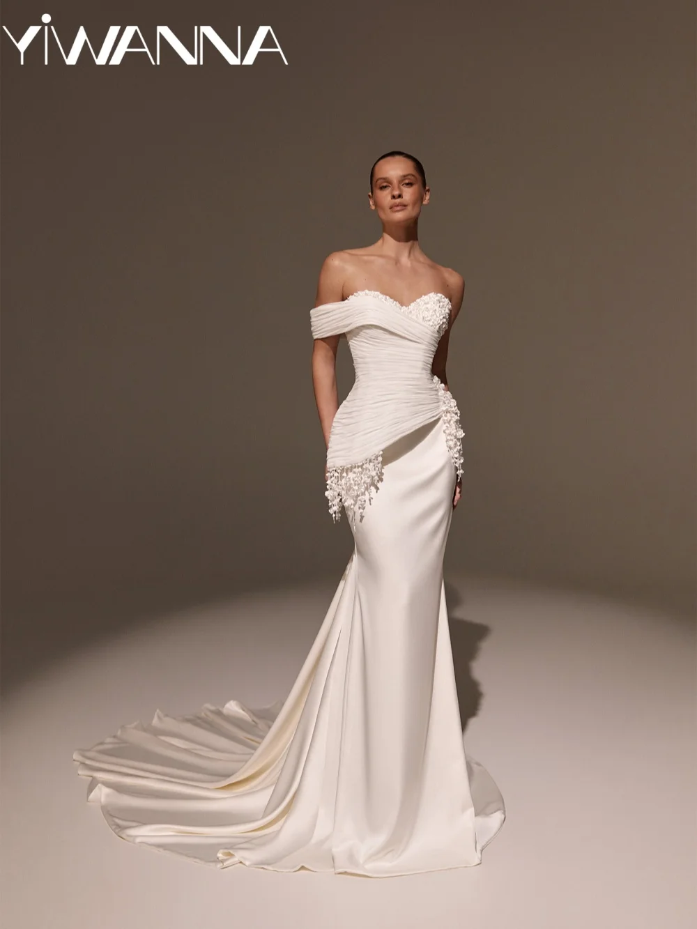 

3D Floral Dreamy Beaded Wedding Dress Pleated One Shoulder Long Bridal Gown 2026 Customized Satin Mermaid Dresses For Bride