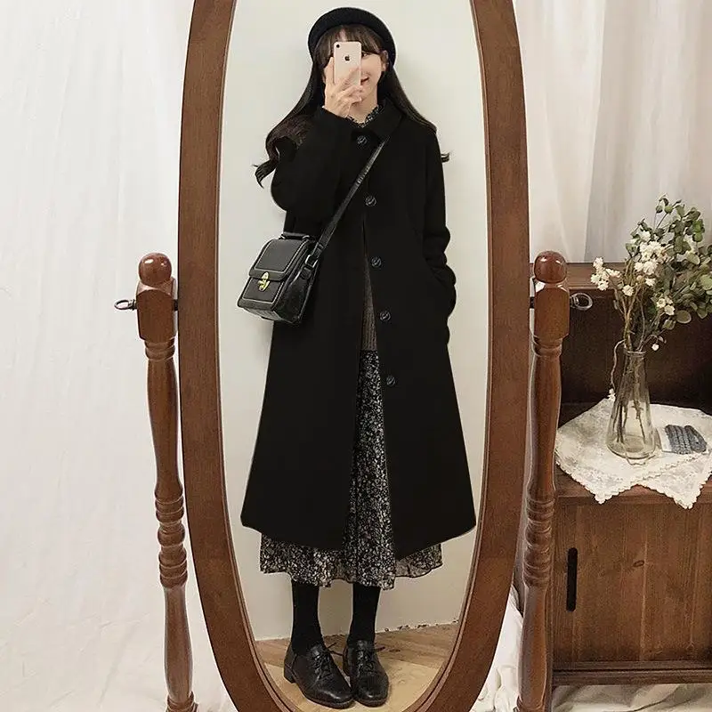 Giacca di lana Cappotto lungo Donna Autunno Inverno Cappotto di lana Office Lady Colletto rovesciato Tasche monopetto Capispalla