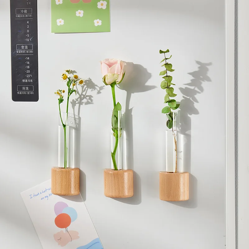 

Log Texture Magnetic Wall Hanging Hydroponic Vase Clear Test Tube Floral Vessel Modern Minimalist Fridge Sticker Home Decoration