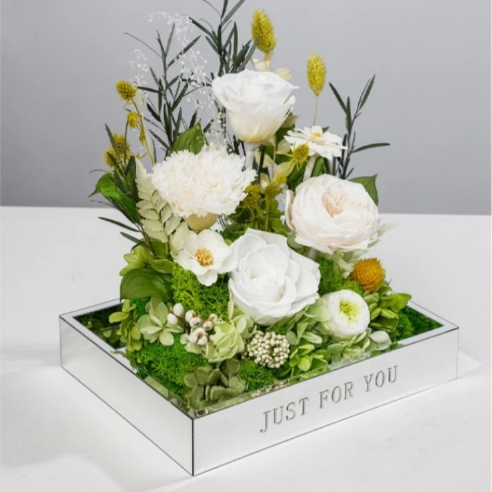 Transparente Acrylbox mit erhöhtem Boden und Spiegel, Valentinstag-Geburtstagsgeschenk, Blumenstrauß-Verpackung, Kreative Festtagsbox-Dekoration