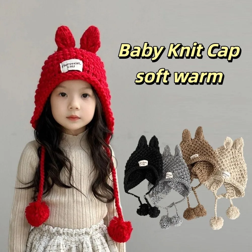 Korean Solid Color Baby Crochet Hat Soft Warm Rabbit Ear Hand Knitted Cap Outdoor Autumn Winter Ear Protection Cap Girls