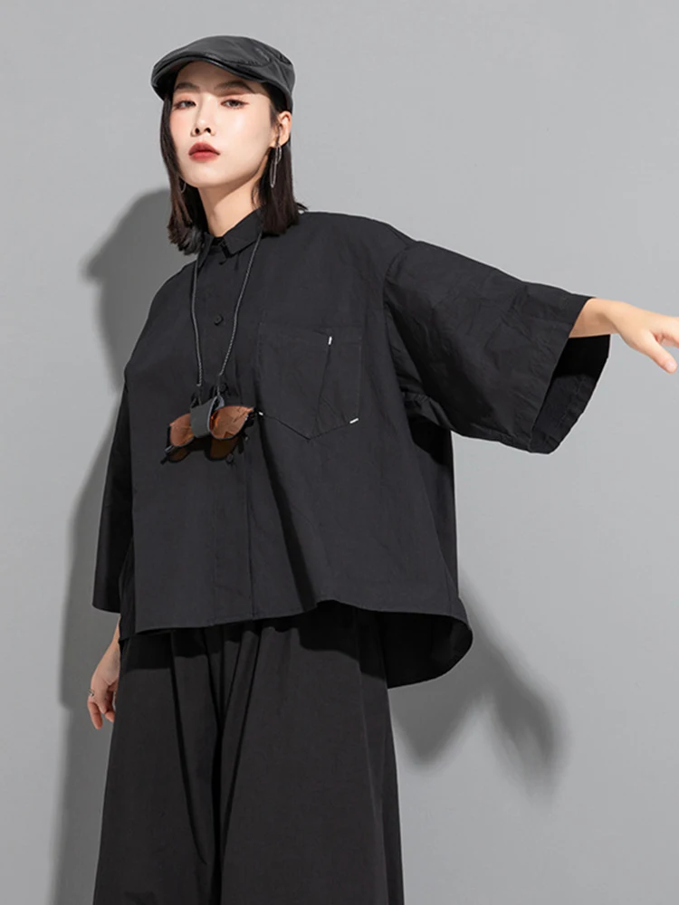 [EAM] Women Black Irregular Big Size Blouse New Lapel Three-quarter Sleeve Loose Shirt Fashion Tide Spring Autumn 2024 1DF6523