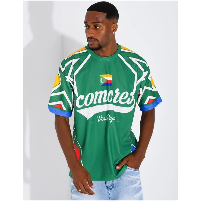 Men Comoros Culture Soccer Jersey Family Matching Crew Neck Comoros Flag Comores Letter Breathable Mesh Fan Short Sleeve Top