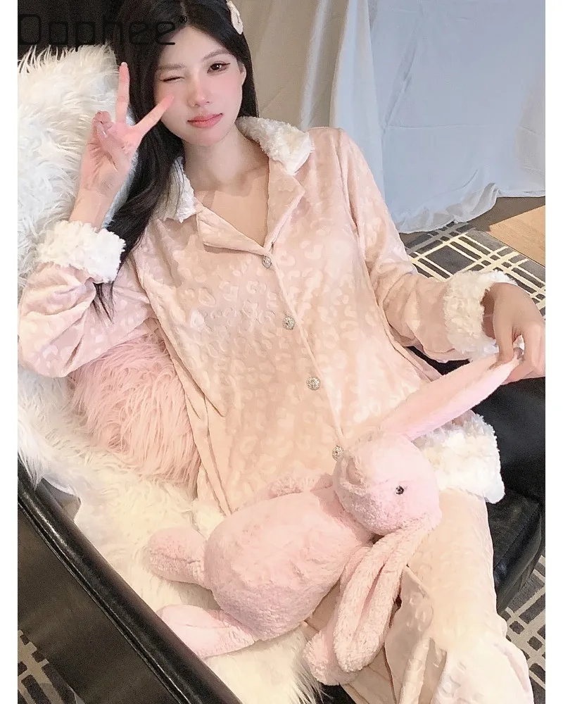 French-style Gentle Lady's Lace-thick Strap Cardigan with Fur Collar Long Pants Three-piece Set of Loose-fitting Home Wear Women