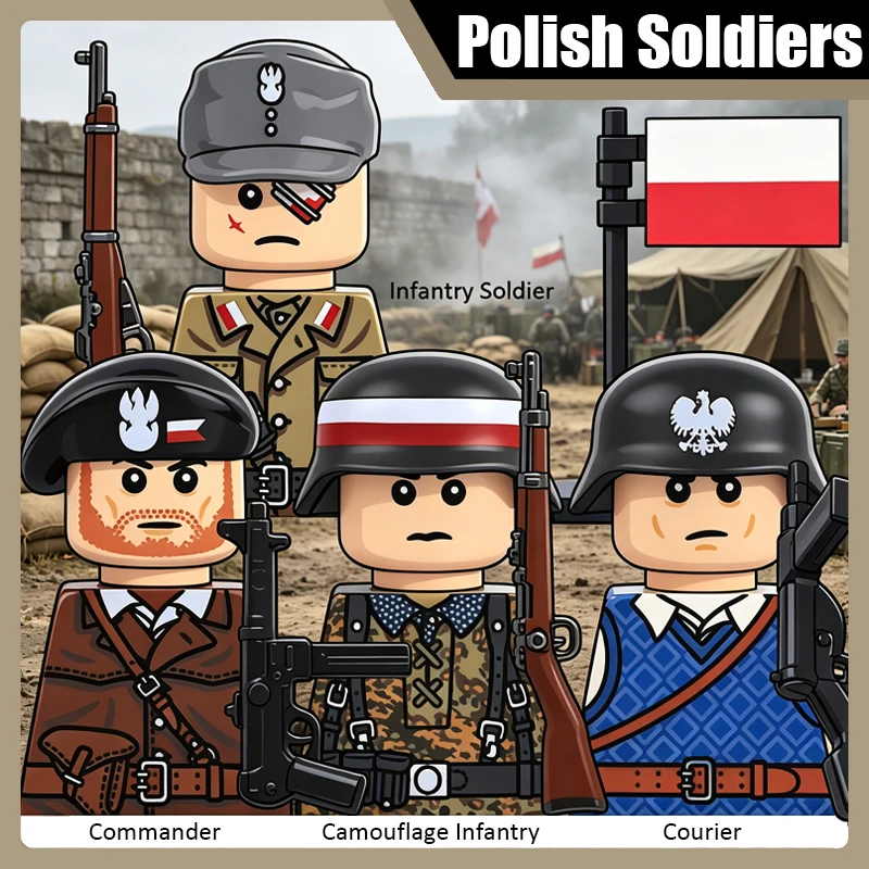 MOC Military Polish Soldier Figure Building Blocks WW2 Army Infantry Officer Warrior Gun Helmet Flag Accessories Bricks Toy Gift
