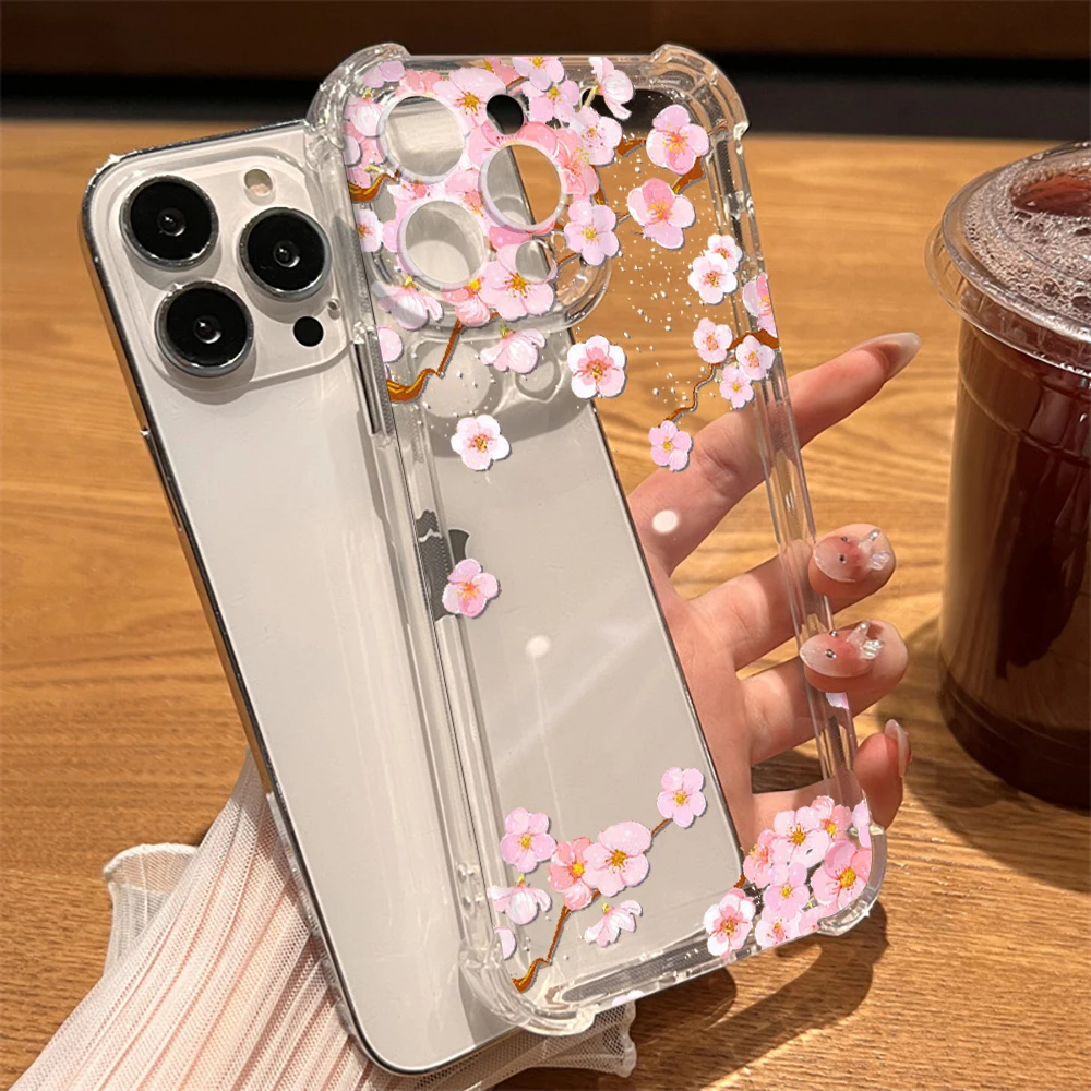 

Shockproof Hard Back Phone Case for IPhone 14 13 ProMax XR XS Max 7 8Plus SE Clear Cover for IPhone 12 11 Cherry Blossom Carcasa