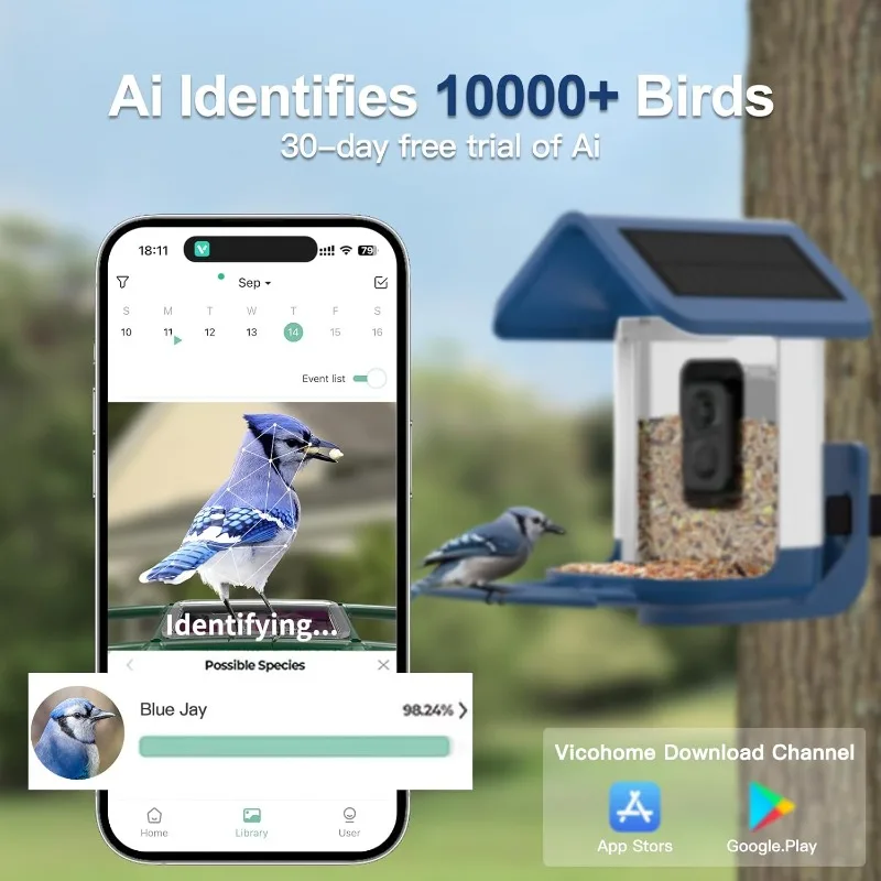 وحدة تغذية الطيور مع كاميرا تعمل بالطاقة الشمسية: كاميرا ذكية لتغذية الطيور كاميرا تغذية حية 2K للفناء الخلفي في الهواء الطلق - تحديد الذكاء الاصطناعي التلقائي