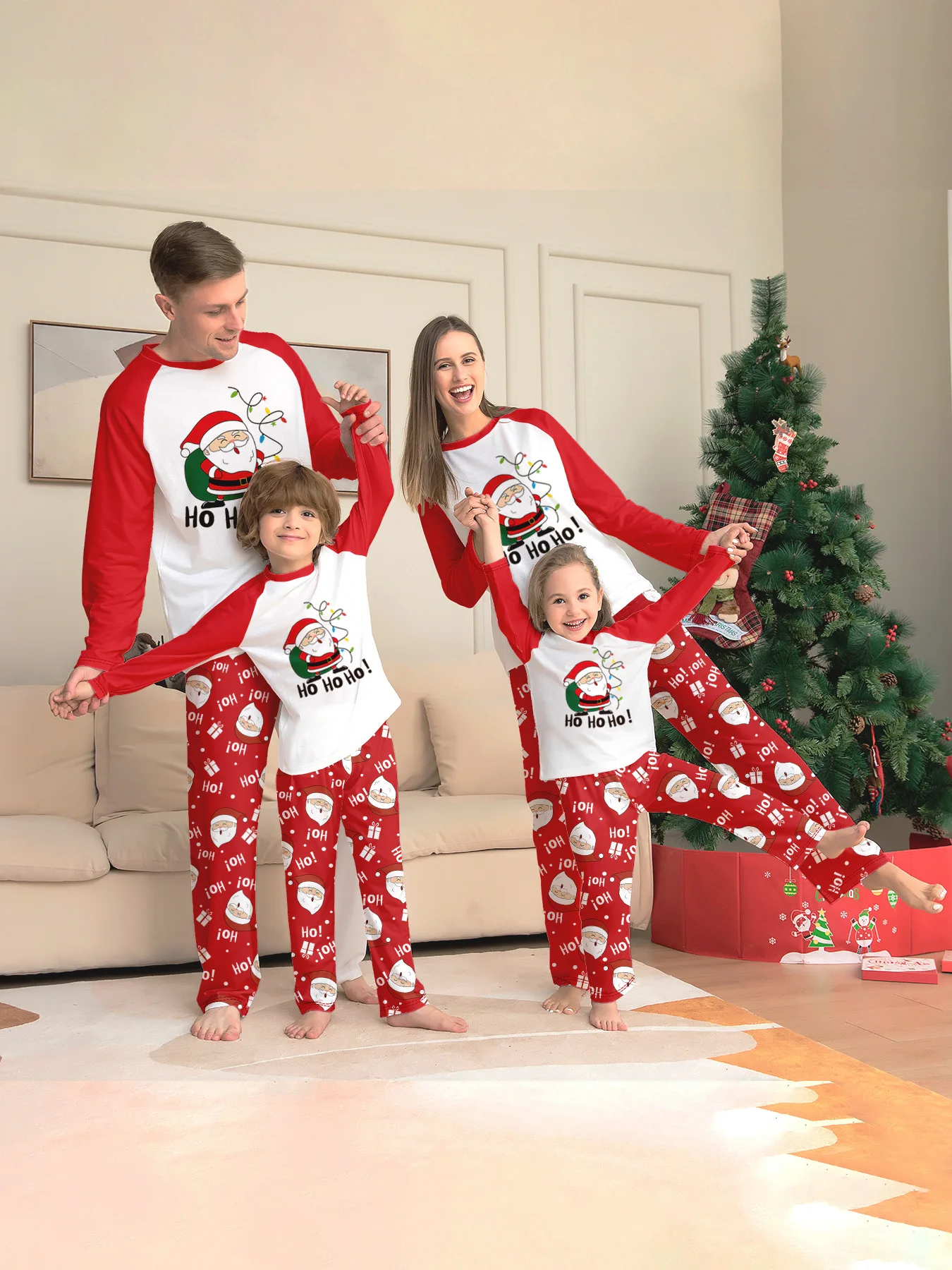 Christmas Pajamas Family New Santa Claus Print Raglan Sleeves Red White Contrasting Parent-child Pajama Set Sleepwear Loungewear