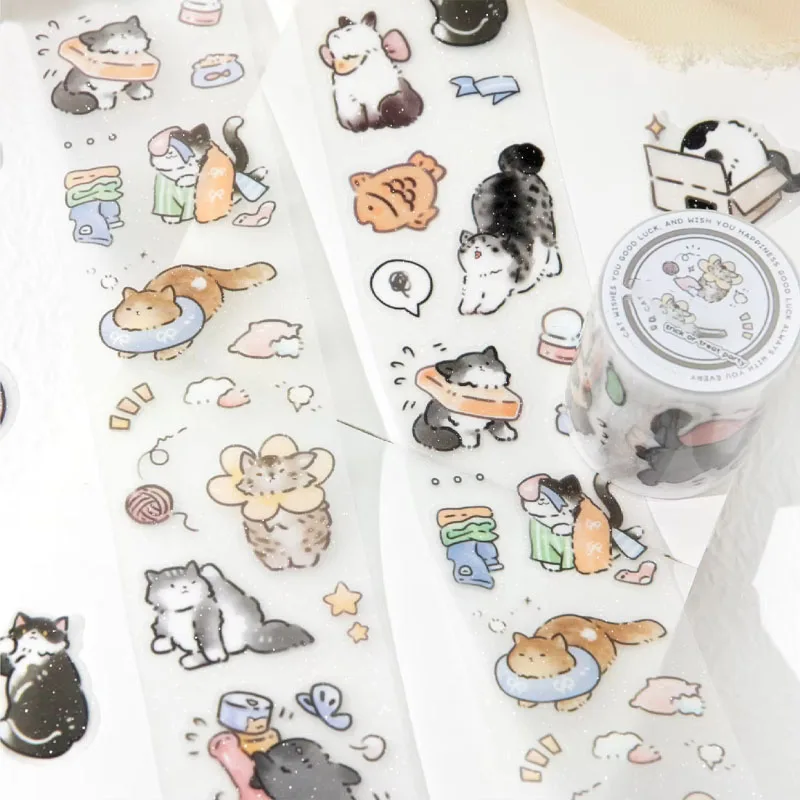 1 Roll Kawaii Cute Line Drawing Cat Theme Glitter PET Tape for Scrapbooking DIY Background Decor Collage Phone Case Notebook