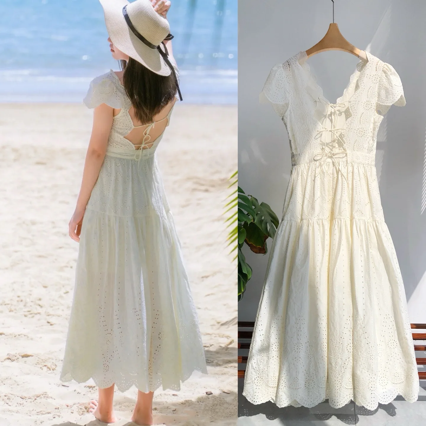 

Beauty of The World · Heavy Hand-work Embroidery Lace V-Neck Sexy Lace-Up Halter Dress, Fairy White Backless A-line Dress