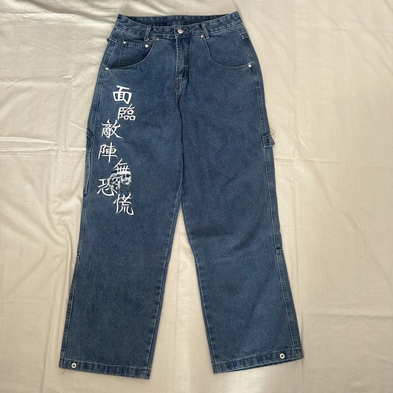 

Мужские джинсы в стиле ретро-американской рабочей одежды, с вышивкой, широкие штанины, для скейтбординга, в уличном стиле, в стиле олдскул