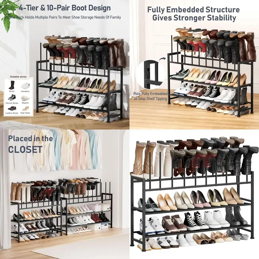 

3-Tier Tall Boot Storage Rack, Black Metal Organizer for Shoes and Boots, Holds Up to 10 Pairs