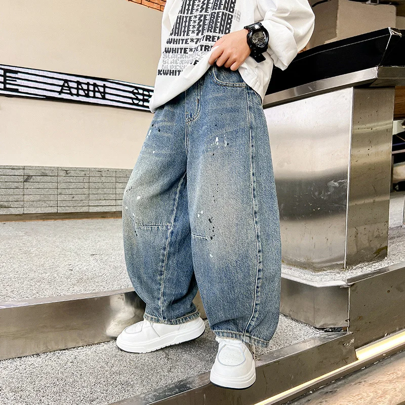 

Boys Jeans Ages 4-14Y Child Long Pants Tween Boy Denim Students Spring Autumn Paint Dot Printing Trousers Toddler Casual Jeans