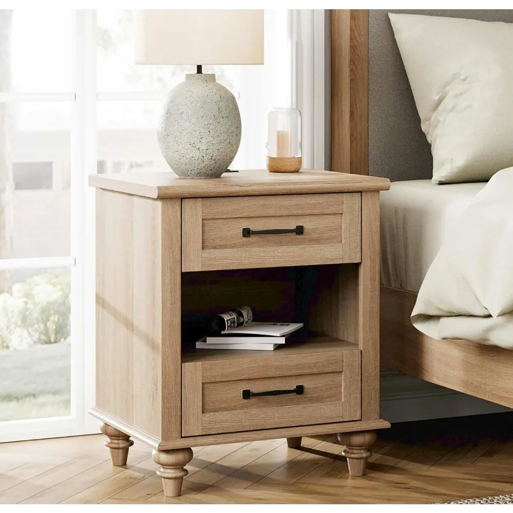 

Night Stand with Charging Station, Light Wood Bedside Table with Storage Drawers & Shelf, Farmhouse Nightstand, Customized