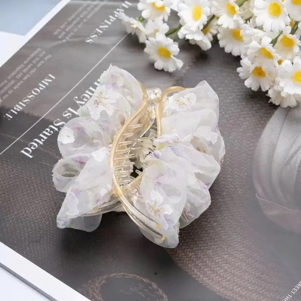 

Elegant Seersucker Broken Flowers Hair Clip Polka Dot Crumpled Ponytail Clip Multi-purpose Shark Clip Girl