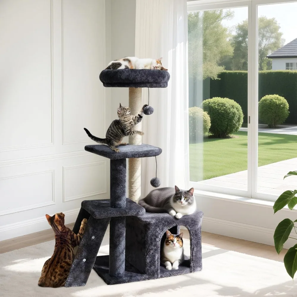 

38.4'' Cat Tree Tower with Climbing Ladder, Cats Tree Scratching Post and Ball, Plush Condo, Modern Multi-Level Furniture Climbe