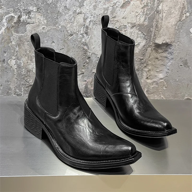 big size mens fashion hip hop rock high chelsea boots black brown pointed toe shoes cowboy genuine leather boot motorcycle botas