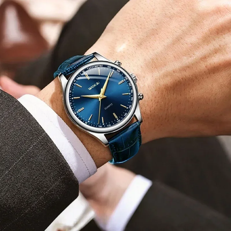 Moda masculina relógio de pulso casual masculino elegante azul quartzo pulseira de couro relógios presente masculino reloj hombre