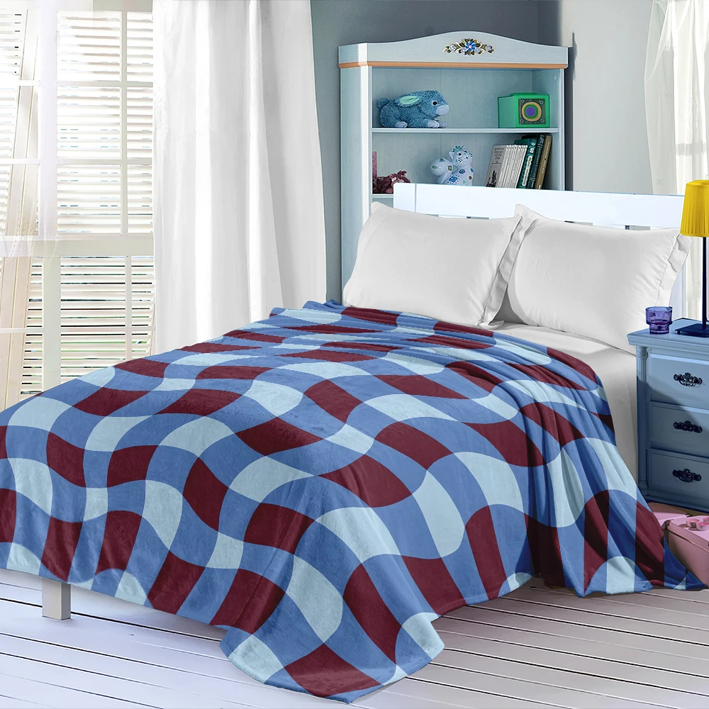 Blue Red Warped Checker Flannel Blanket Soft Cozy Throw Blanket for Bed Sofa Couch Fuzzy Plush Bed Cover