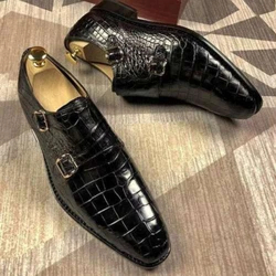 New Black Men's Formal Shoes Brown Crocodile Pattern Double Buckle Business  Loafers Round Toe Dress Shoes Men Size 38-48