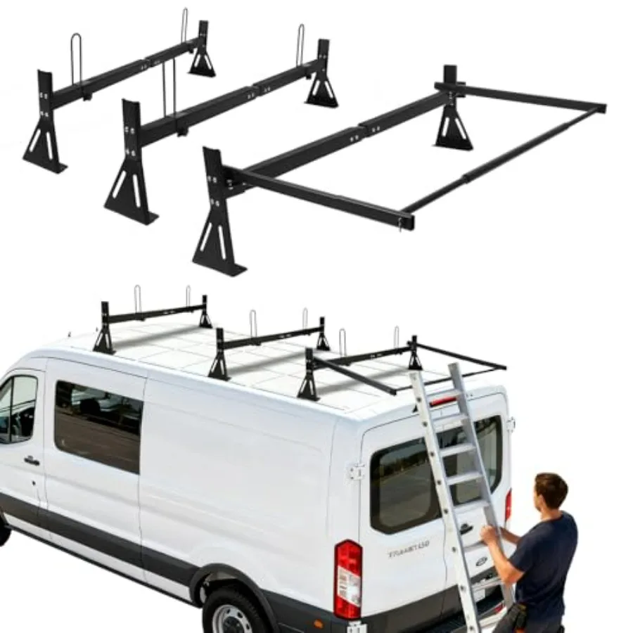 

Van Ladder Rack with Roller Adjustable Length 50-61 Van Roof Rack with Cargo Stoppers Compatible with Transit 150/250/350