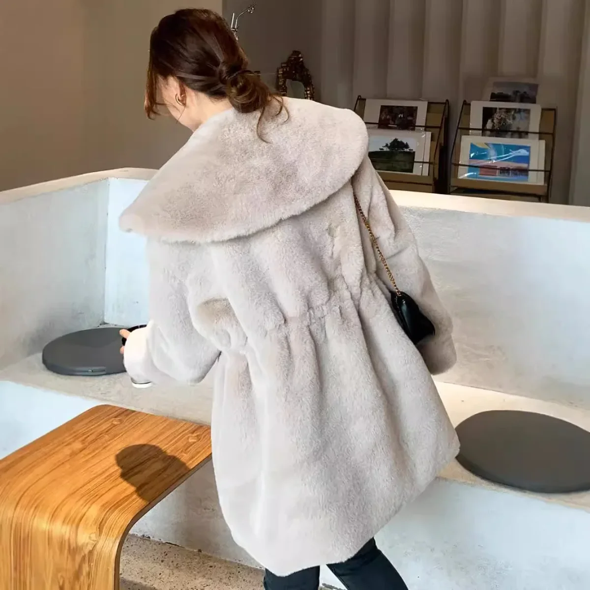 Casual Autumn Winter 2025 Women Faux Rabbit Fur Coats Y2k Overcoat Turn Down Collar Long Sleeves Mid Length Thick Loose Jackets