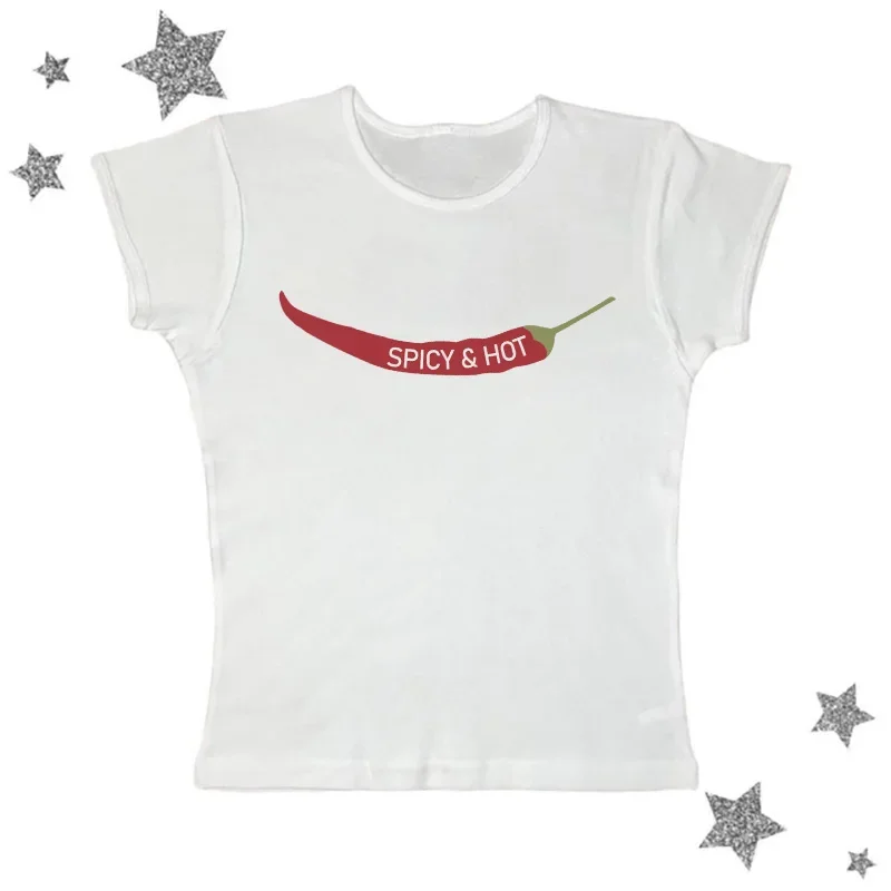 Chili Pepper Print Summer Women's Slim And Fashionable Short Round Neck T-Shirt Top