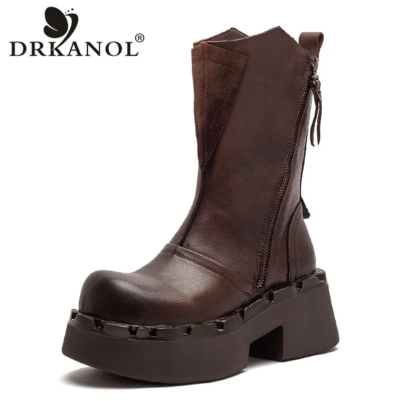 

DRKANOL Luxury Design Genuine Cow Leather Platform Mid Calf Boots Women Autumn Winter Thick High Heel Wide Toed Retro Warm Boots