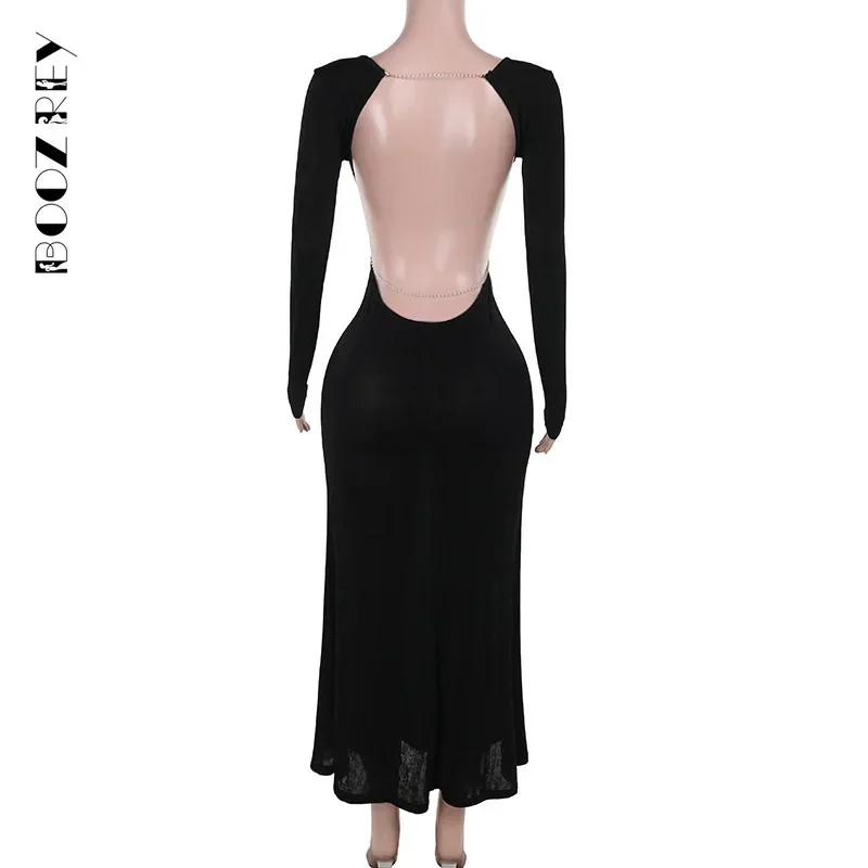 Boozrey mulher roupas miçangas sem costas bodycon maxi vestido 2024 outono elegante manga longa cortar fino ajuste preto vestidos de noite