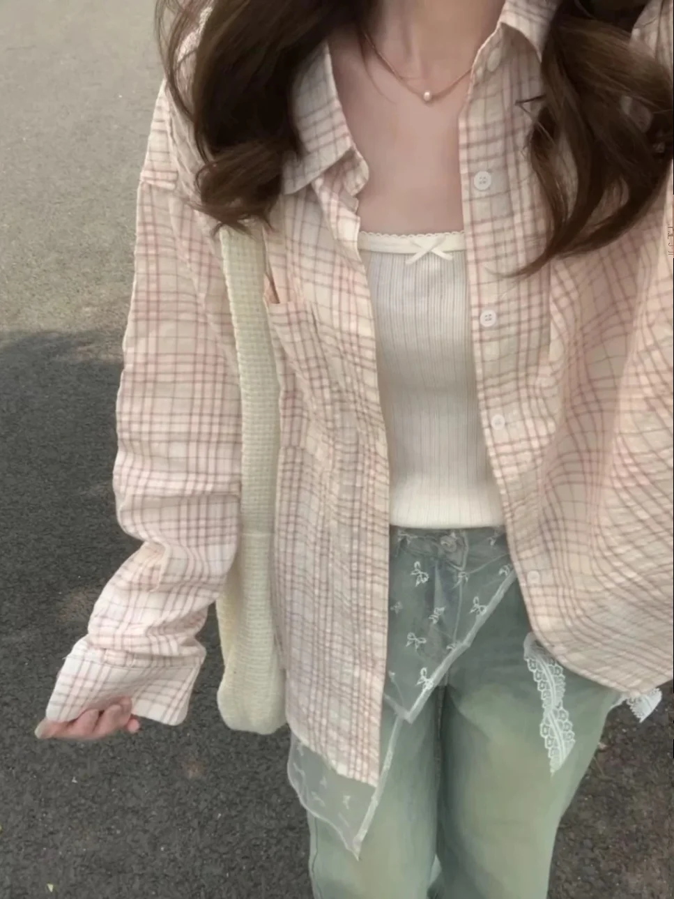 Pink Sweet Sle Salt System Plaid irt Jaet mujer Otoño Invierno suelta protección solar cárdigan abierto Top de moda