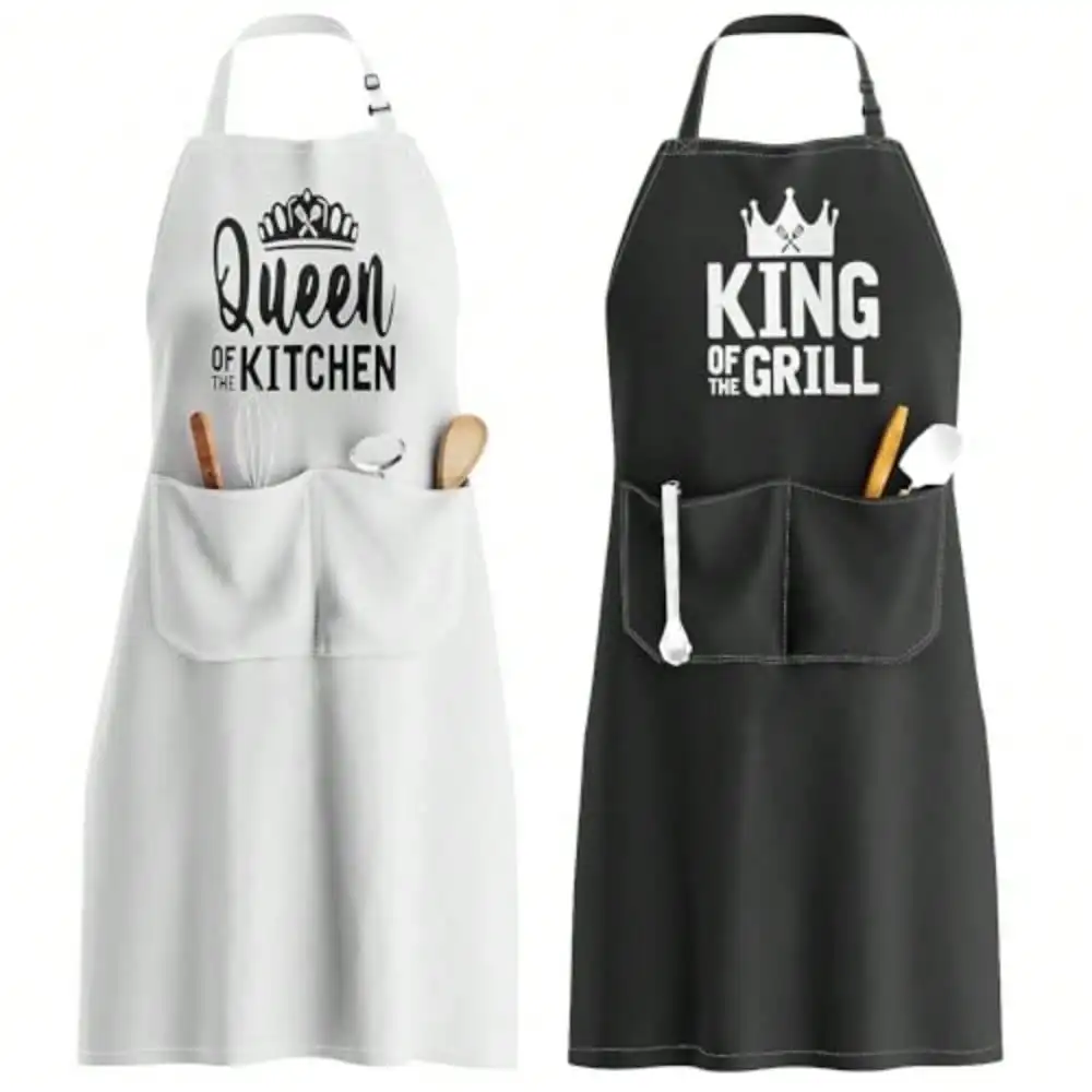 

King And Queen Apron Set - Matching Couples Kitchen Aprons With Deep Pockets And Reinforced Stitching - Waterproof Professional Cooking Gear For Wedding Engagement Bridal Shower Valentines Christmas