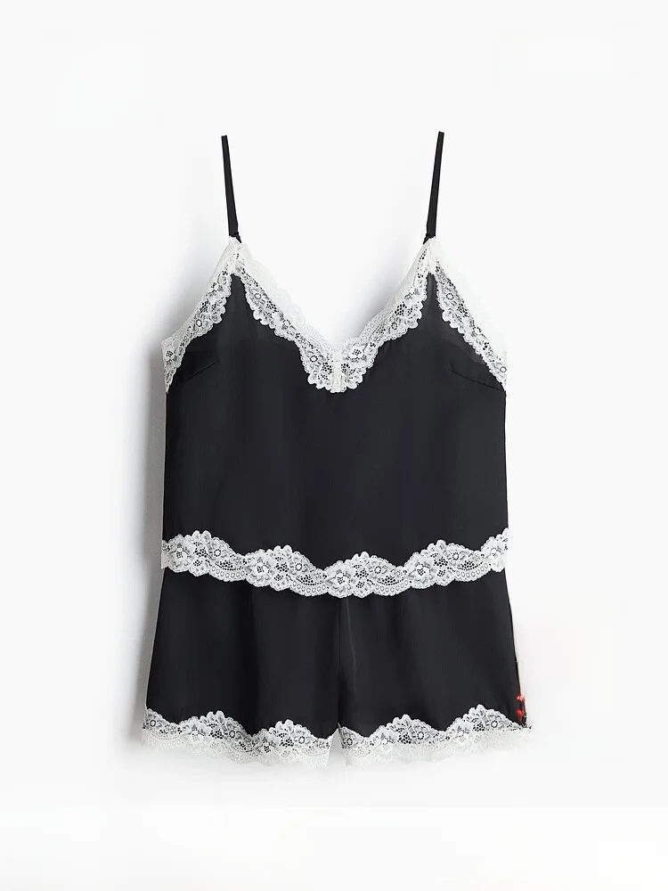 

H&M Summer New Women's Lace Trim Satin Sleepwear Set Comfortable Sleeveless Polyester Fabric Home Clothes Nightgown Set