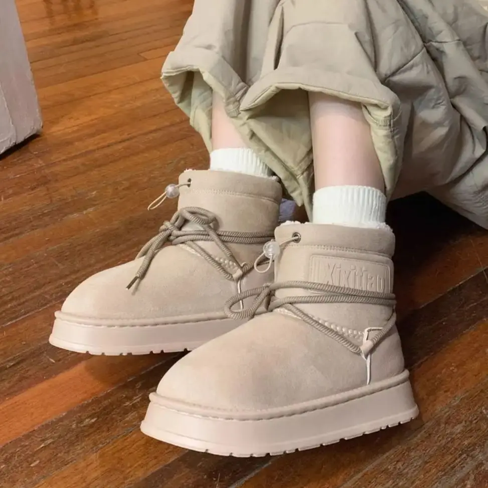 

Women's Creative Lace-Up Mid-Calf Cotton Boots Retro Warmth Outdoor Wear Insulated Fleece-Lined Thickened Snow Boots