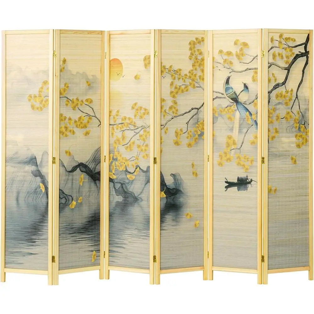 Asian-Inspired 6 Panel Bamboo Room Divider with Birds, Gingko Biloba, and Sunset Artwork