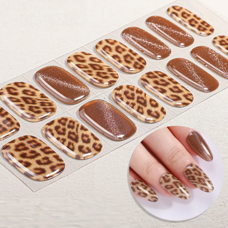 

Semi Cured Gel Nail Wraps Flash Leopard Full Cover Adhesive Nail Sticker Decals 60S UV Light Gel Nail Decoration Manicure Slider