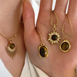 DLHP 316L Stainless Steel Vintage Oval Tiger Eyes Brown Stone Pendant Necklace for Women Non-fade Aesthetic Jewelry Daily Wear