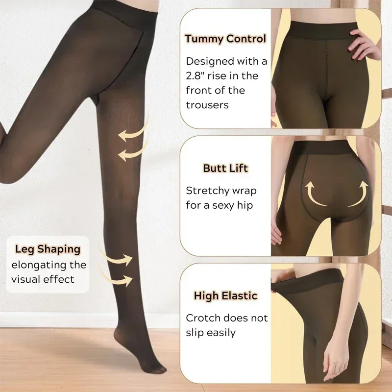 

Women's Fleece Thermal Leggings Winter - High Waist Elastic Slim Tight Pants Sexy Translucent Warm Pantyhose