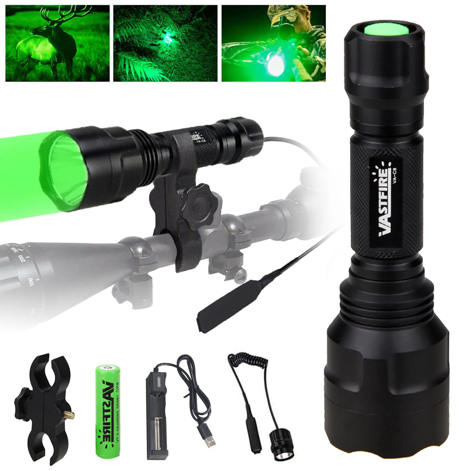 

Powerful 2000 Lumens Green LED Night Hunting Flashlight Tactical C8 Predator Handheld Torch 1-Mode Lamps With Pressure Switch