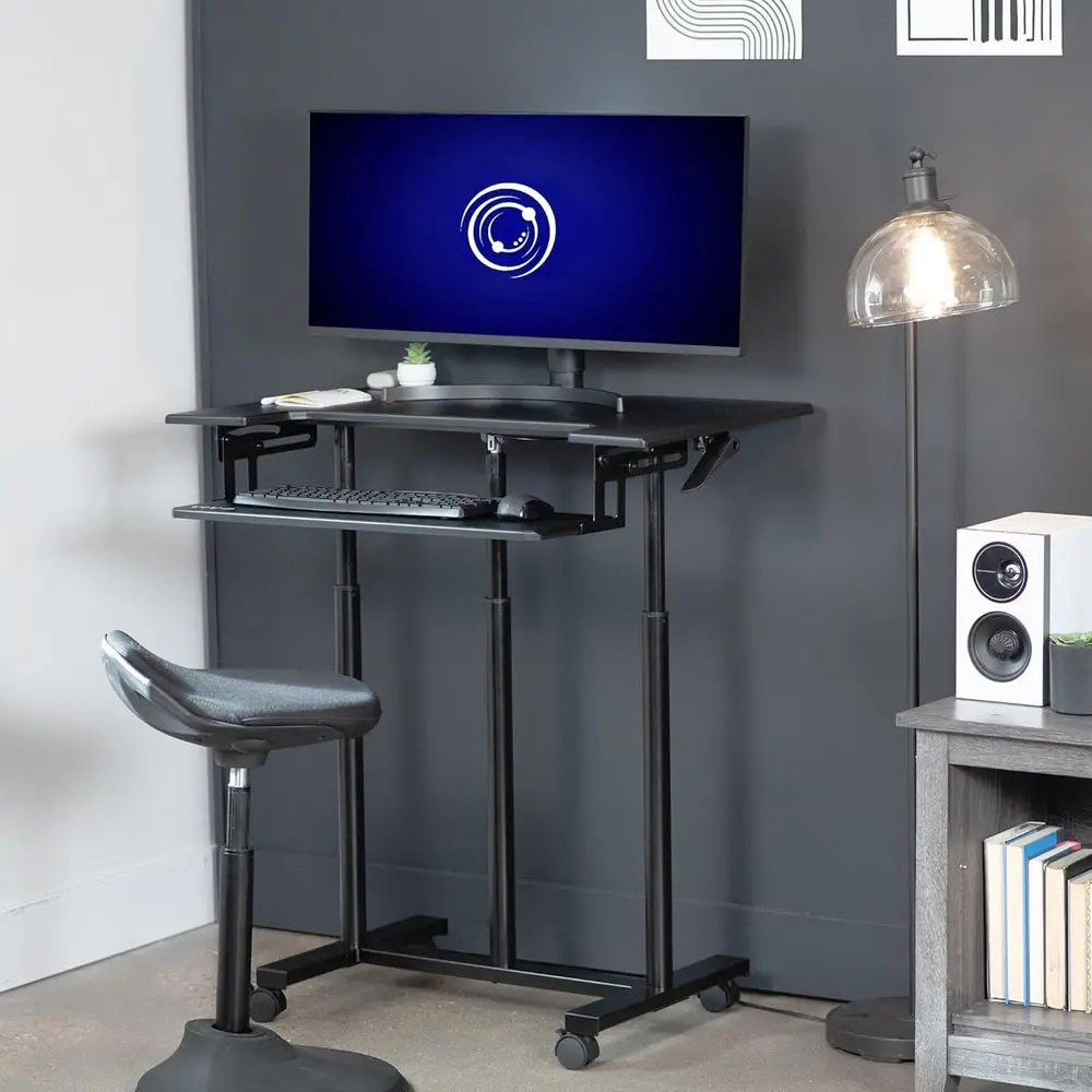 Height-Adjustable Mobile Desk Cart with Sliding Keyboard Tray, Rolling Computer Workstation, Black