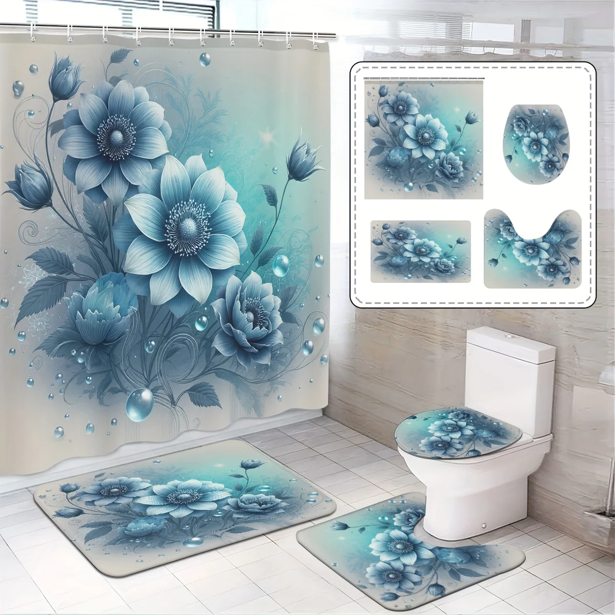 

4pc Blue-green floral teardrop bathroom set, shower curtain + rug + toilet seat, U-shaped mat, 3D floral decorations.