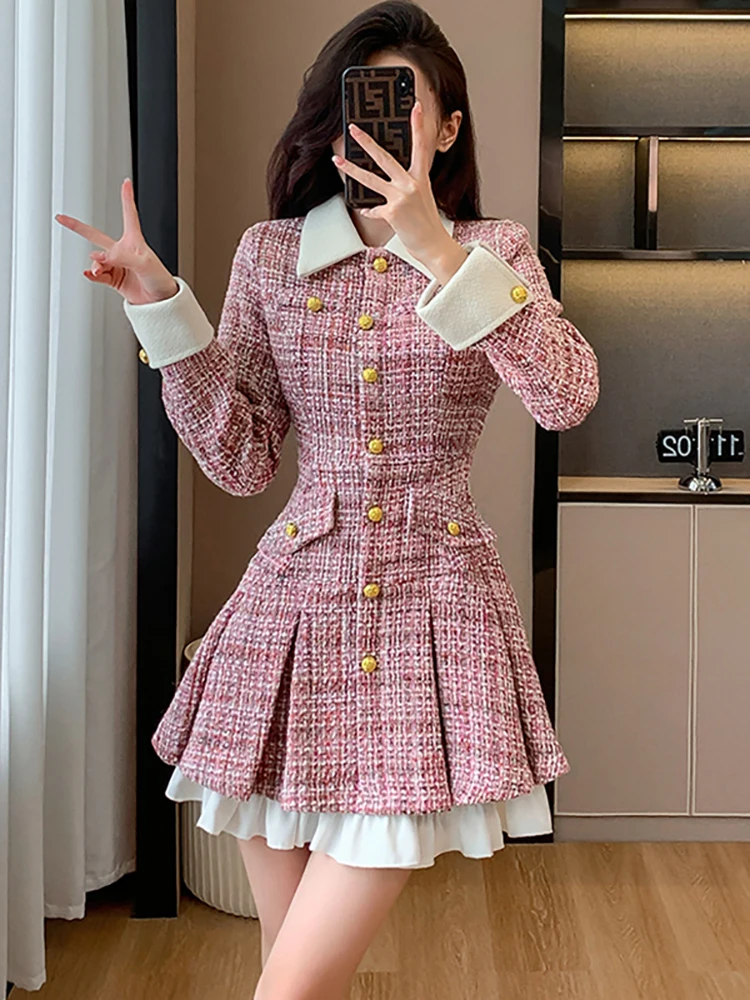 

Autumn Winter Thick Warm Tweed Short Dress Women Pink Elegant Polo Collar Kawaii Dress 2024 Korean Vintage Luxury Party Vestidos