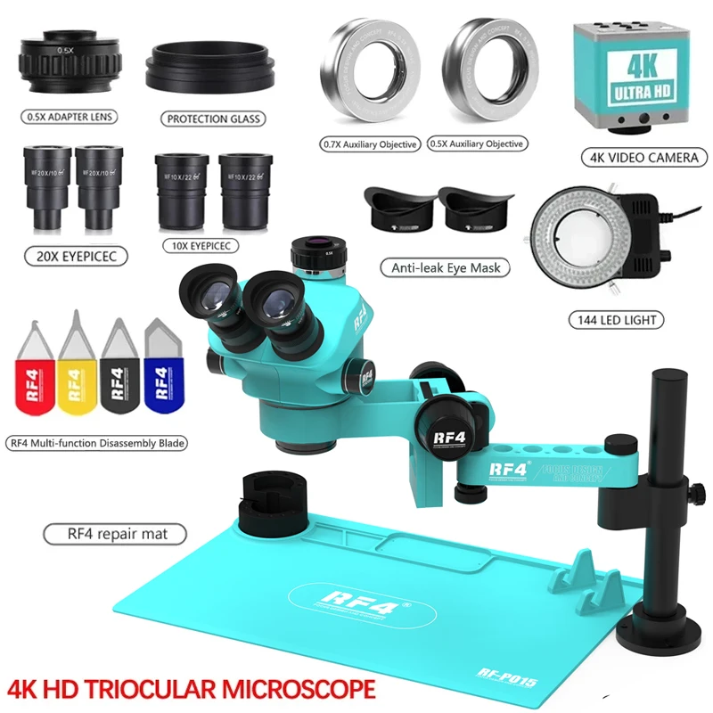 RF4 Trinocular Stereo Microscope Set 360 ° Rotation Articulating Arm Stands Phone Soldering PCB Repair RF7050TVPRO-F019