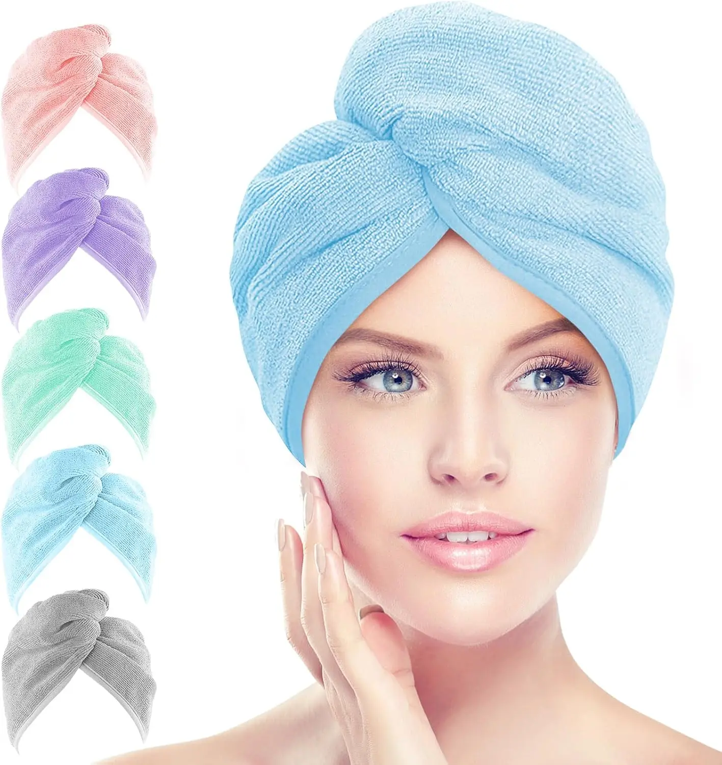 

5 Pack Microfiber Hair Towel Wrap, Super Absorbent Quick Dry Turbans for All Hair Types Anti Frizz 26"x10"