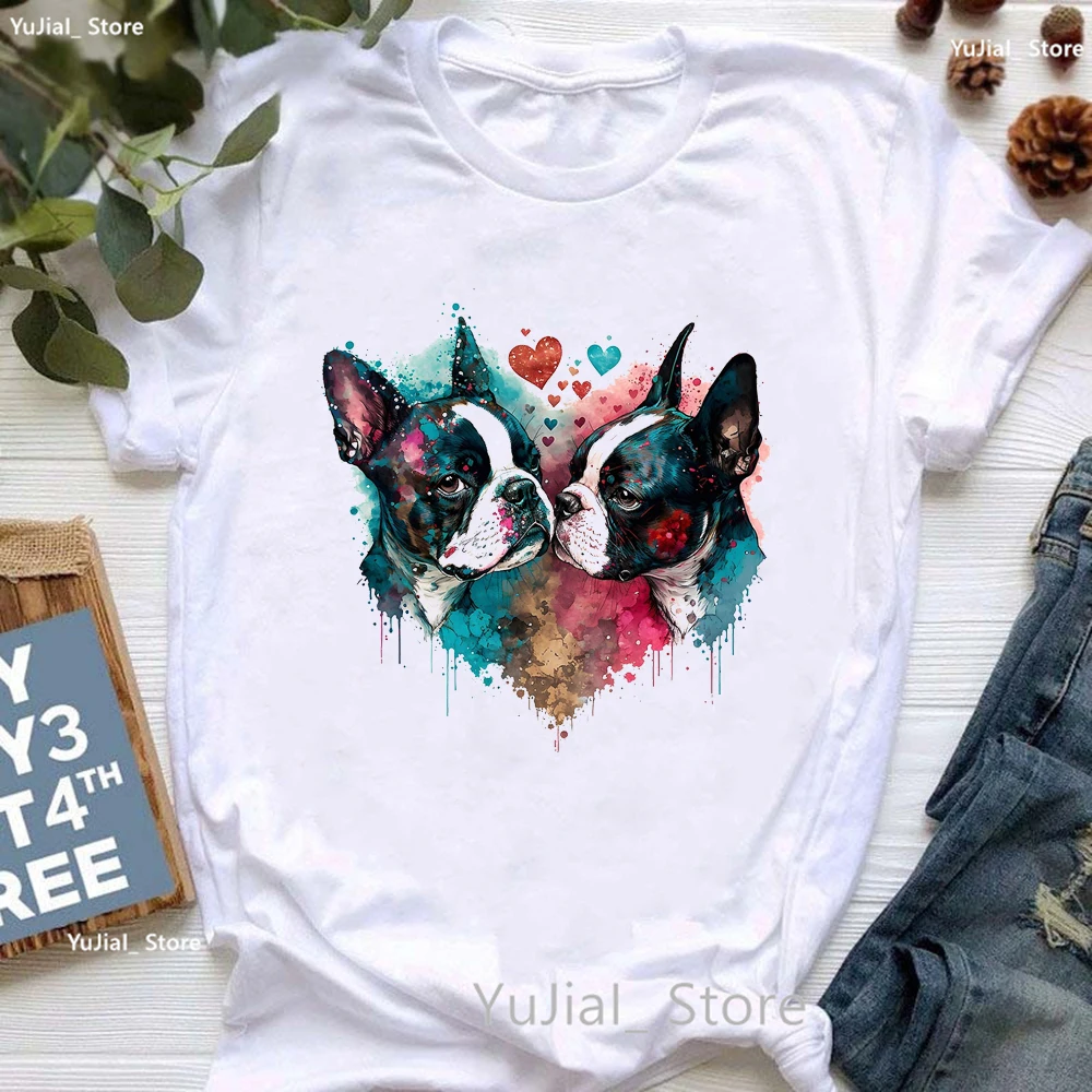 Boston Terrier Sugar Skull Animal Print T Shirt Girls Watercolor Dog Lover Tshirt Women Summer Fashion Tops Tee Shirt Femme