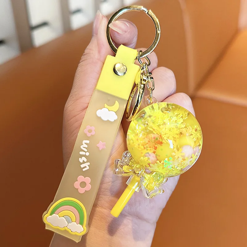 Summer Oil Liquid Lollipop Keychain para mulheres, pingente de areia movediça, chaveiro acrílico glitter, mochila chaveiro, floco de neve