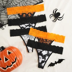 Low Waist Halloween Pattern Design Orange Ice Silk Lace Underwear Knickers Bonded No Show Women Seamless Panties